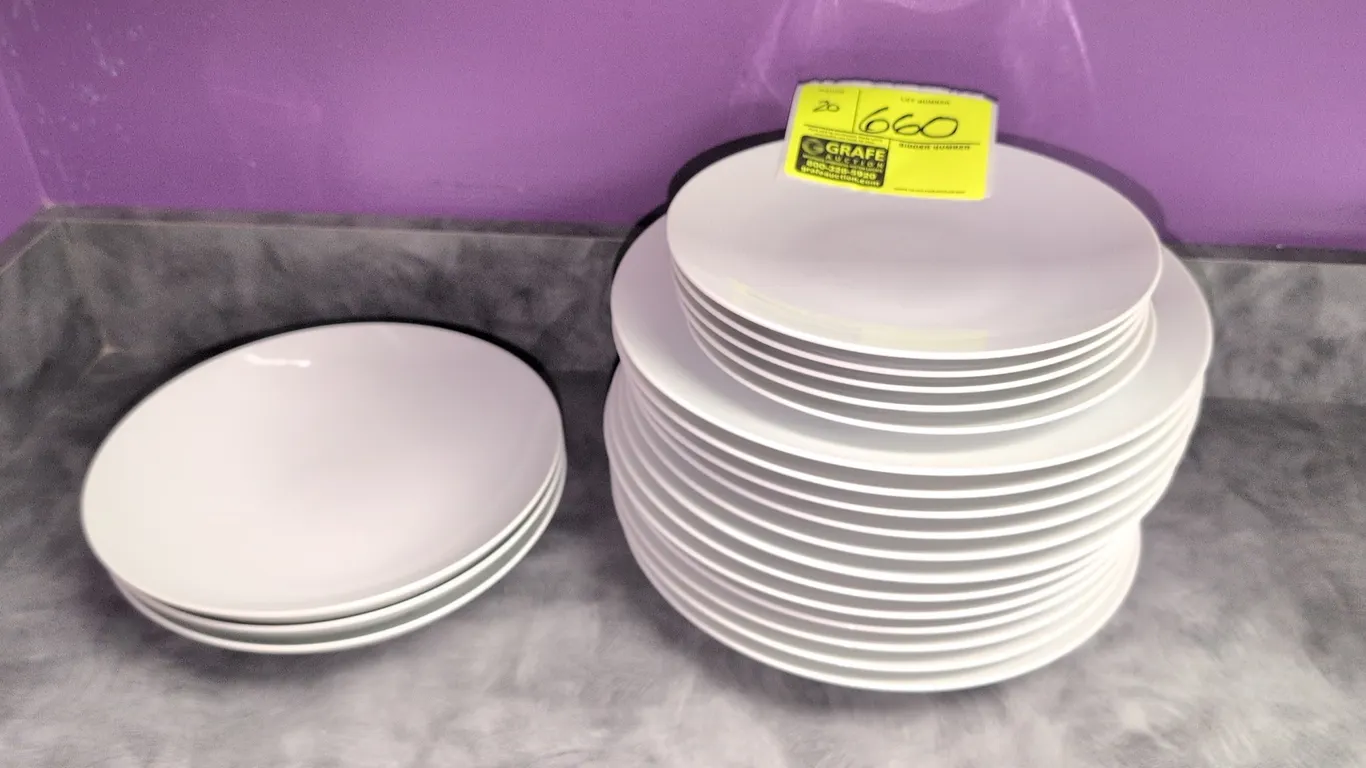 Ceramic plates. Features white glazed ceramic construction with textured concentric ring pattern. Includes (5) 8-1/2", (3) 9-1/2", and (12) 11" plates