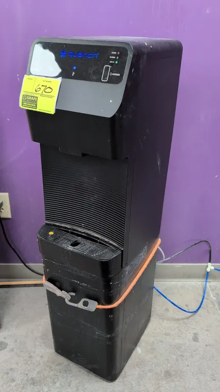 Quench Q4FS freestanding bottleless touchless water cooler. Features touchless sensor activation, hot and cold water dispensing, LED UV sanitization i