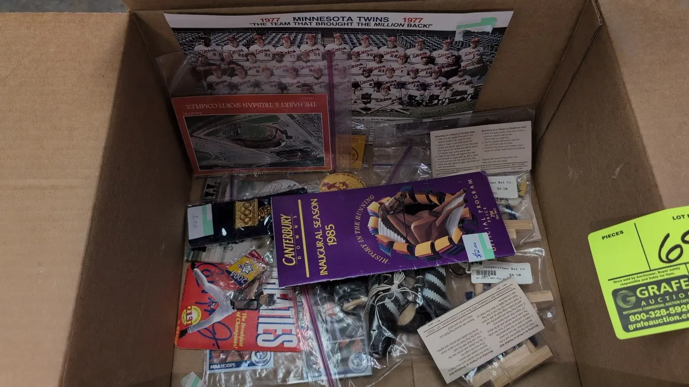 A Collection of Assorted Sports Memorabilia. (Various Makers, 1970s-2000s) Includes a 1977 Minnesota Twins team photo, 1985 Canterbury Downs inaugural
