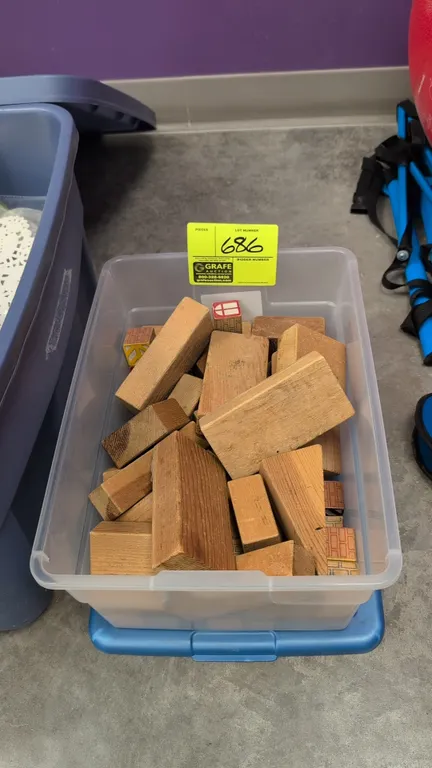 Assorted wooden building blocks. Features various shapes and sizes including rectangular blocks, triangular wedges, and printed architectural blocks.