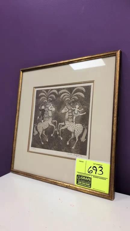 A Christine Chagnoux Signed and Numbered Framed Print. (Christine Chagnoux) A limited edition print depicting performers atop decorated horses. Number