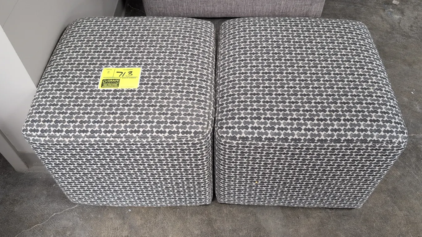 Cloth cushioned ottomans. Features gray and white geometric patterned fabric upholstery with cushioned top. Dimensions: 19" x 19" x 17" each.