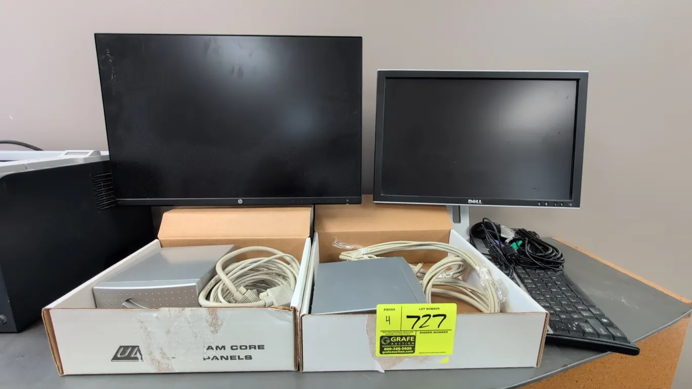 Computer monitor and switch lot. Includes (1) 2017 HP Z24n 24" monitor (S/N: CN47310ZZ3), (1) Dell 2009Wt flat panel monitor, (2) Dr. Bott MoniSwitch