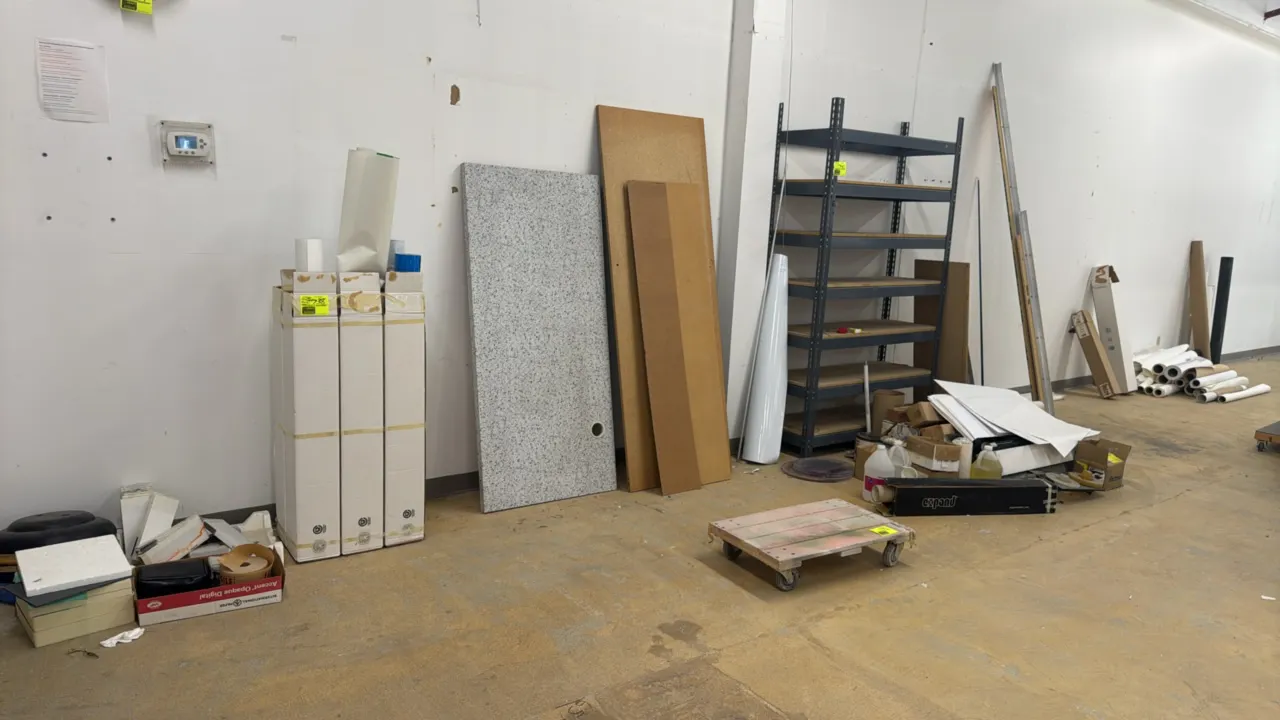 Package lot of assorted shop and print supplies. Includes rolls of vinyl and print media, laminate and composite panels, ink cartridges, X-Rite pouch,