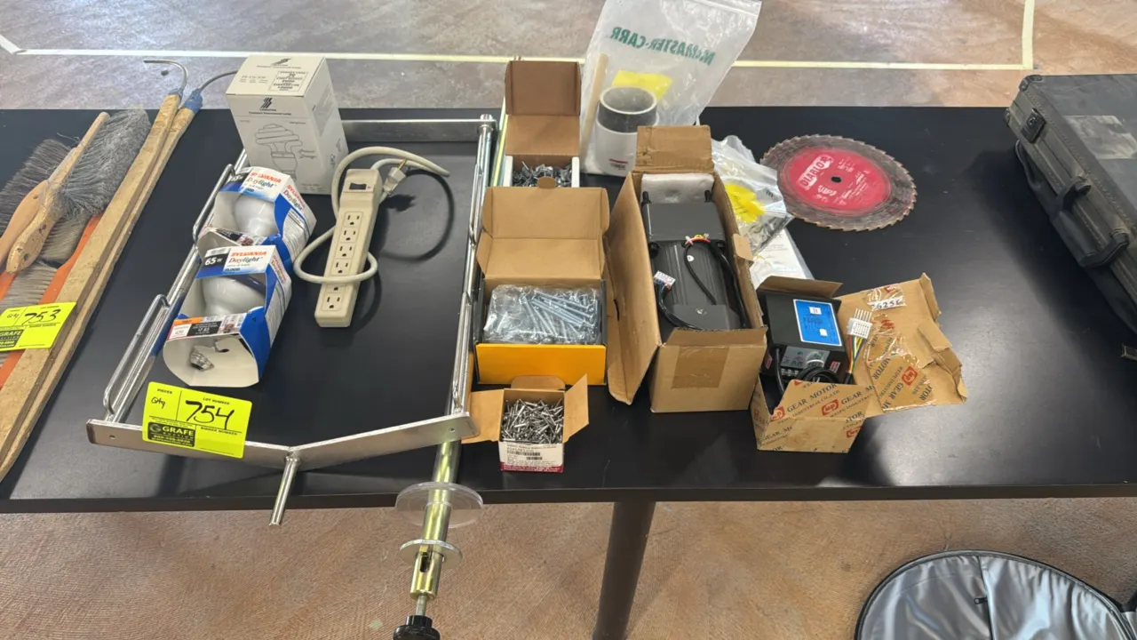 Package lot of electrical, shop, and hardware supplies. Includes an electric gear motor with speed control unit, Sylvania and Longstar light bulbs, a