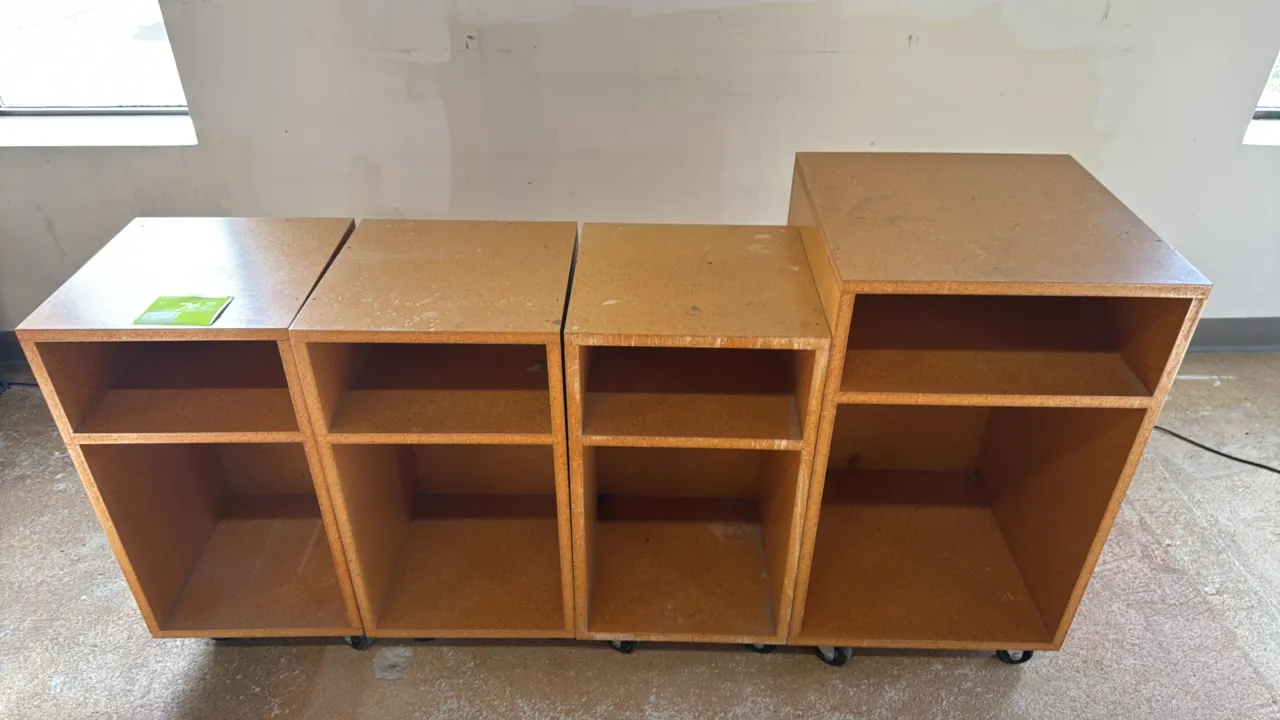 Wood rolling cabinets. Features open two-compartment storage design. Mounted on casters. Dimensions: (3) 14"x14"x28" and (1) 18"x18"x31".