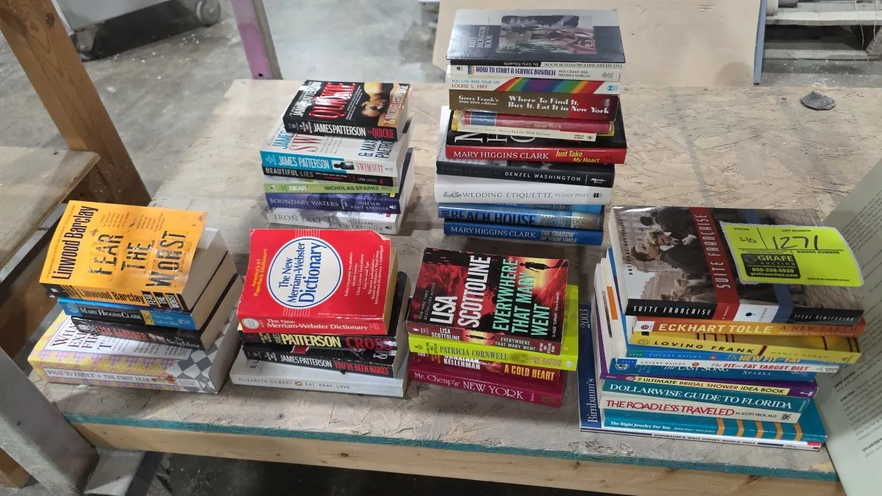 Assorted paperback and hardcover books. Features a variety of fiction, non-fiction, reference, travel, and lifestyle titles by authors including James