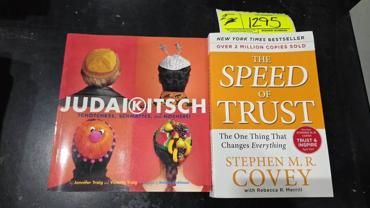 Paperback books. Includes "Judaikitsch: Tchotchkes, Schmattes, and Nosherei" by Jennifer Traig and Victoria Traig, and "The Speed of Trust: The One Th
