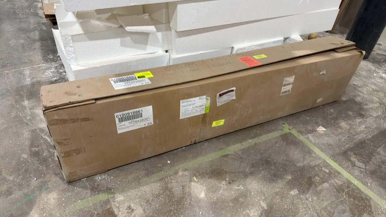 Acrylite 0A070 GT clear acrylic tubes. Includes (4) tubes in original carton. Dimensions: 96"L x 6" OD with 5.76" ID. Note: Carton marked 3 good, 1 cr