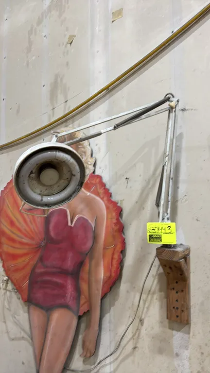 Bulk lot of workshop wall fixtures and accessories. Includes an articulated arm task lamp, wall-mounted shelves, tool organizer rack, heavy-duty steel
