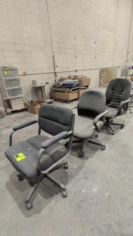 Assorted office chairs. Includes (1) high-back executive chair, (1) mid-back task chair, and (1) low-back task chair. Features upholstered seats and b