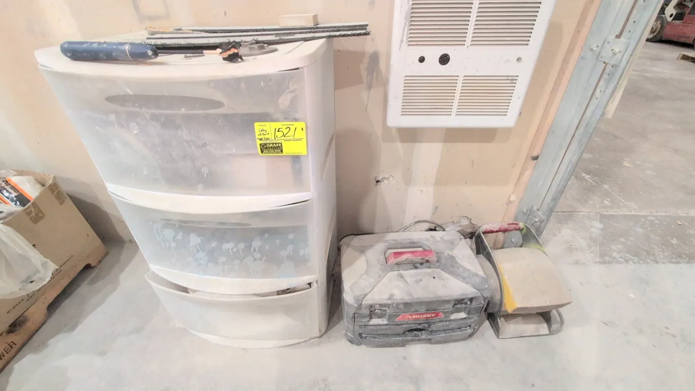 Assorted shop merchandise. Includes a 22"x36"H 3-drawer poly storage cabinet, a 19" Husky portable toolbox, a centrifugal air mover blower fan, and as