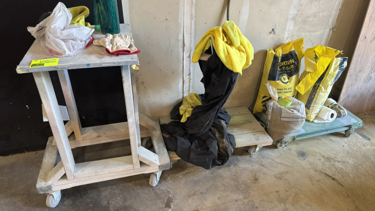 Wood mobile work table and (2) wood platform dollies. Mobile work table features wood frame construction, flat work surface, and swivel casters. Inclu