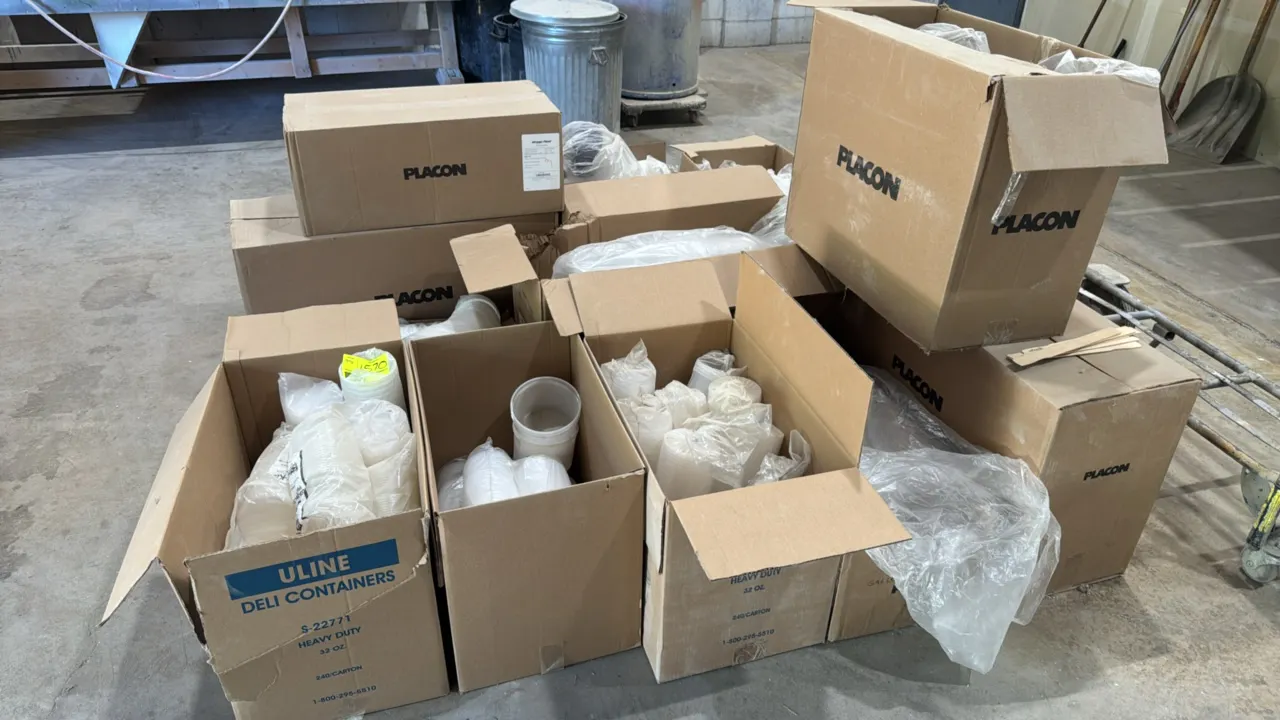 Bulk lot of assorted plastic deli containers with lids. Features various sizes of round translucent polypropylene containers and matching lids, includ