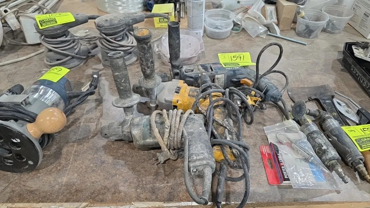 Bosch, DeWalt, and Makita corded drills. Includes Bosch 1194VSR hammer drill, DeWalt DWD210G drill, and Makita drill. Features auxiliary side handles.