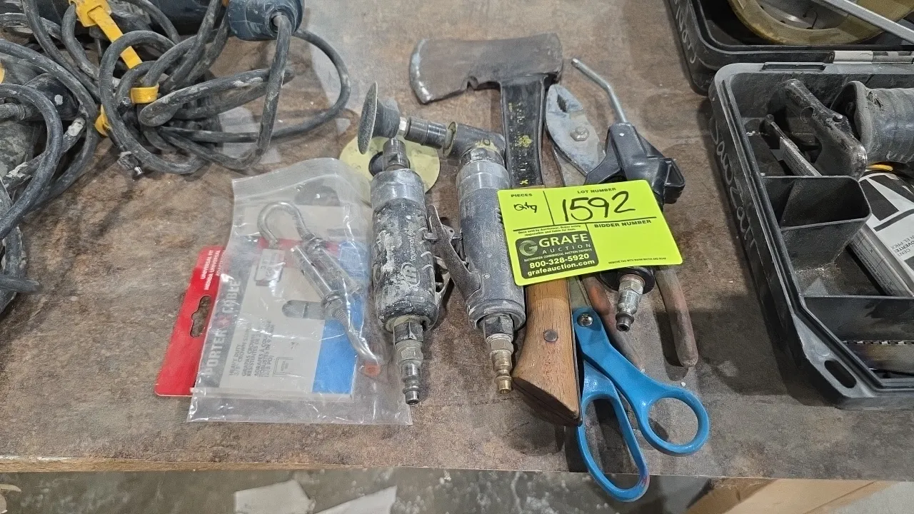 Assorted tools and hardware lot. Includes Ingersoll Rand pneumatic die grinders, pneumatic air blow gun, hatchet, tin snips, pliers, scissors, hardwar
