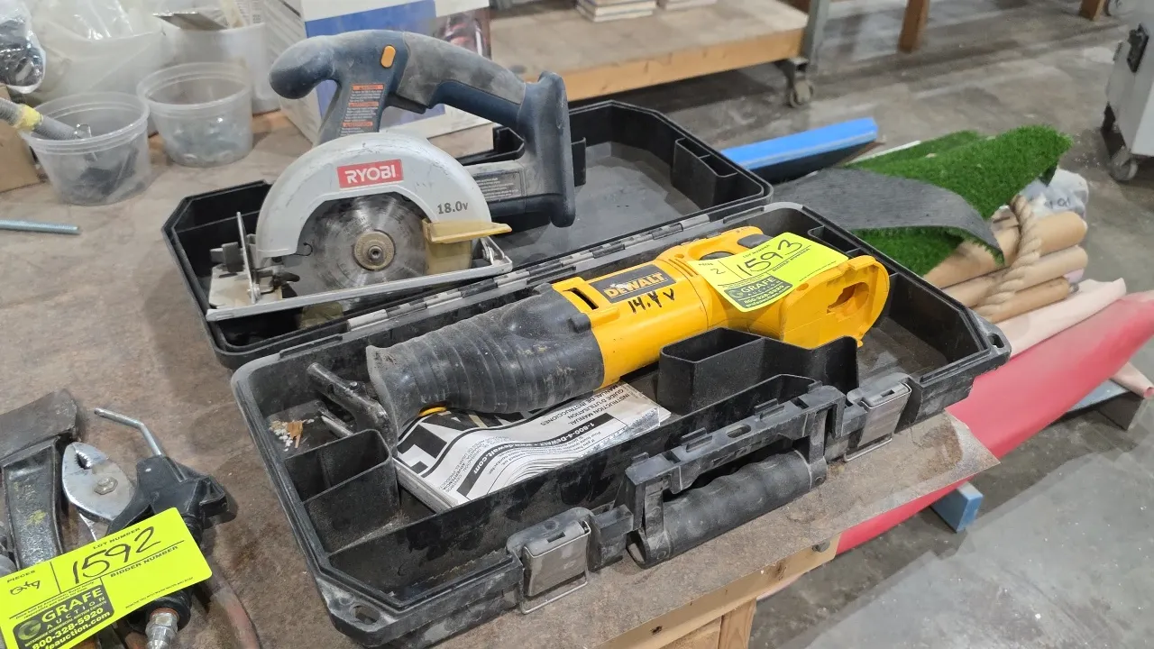 Ryobi P501 18V circular saw and DeWalt DW937 14.4V reciprocating saw. Ryobi features a 5-1/2" blade and 4,200 RPM. DeWalt features variable speed oper