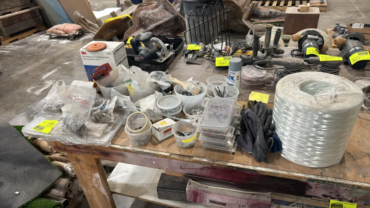 Package lot of assorted workshop supplies. Includes various hardware and fasteners, 3M 6800 respirator, work gloves, roll of fiberglass roving, clear