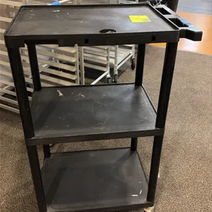Buhl 3-tier portable poly cart. Features molded plastic construction, three shelves, integrated push handle, and top shelf cable pass-through hole. Mo