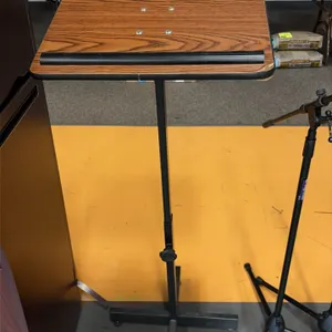 Oklahoma Sound 70-MO portable presentation lectern. Features a medium oak finish reading surface with book stop ledge and an adjustable-height telesco