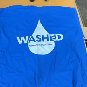 Autumn Ridge Church graphic T-shirts. Includes royal blue "WASHED Autumn Ridge Church" and navy "I'm All In!" designs. Sizes include Small, Large, and