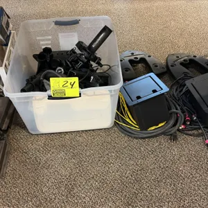 Assorted stage audio equipment and mounting hardware. Includes hinged stage floor pocket boxes with XLR connectors and duplex AC outlets, cabling, mic