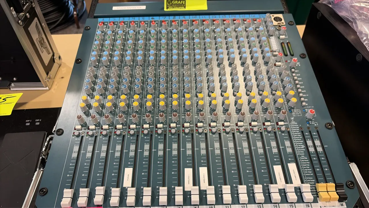 Allen & Heath MixWizard WZ3 16:2 16-channel analog mixing console. Features 16 mic/line inputs, 4-band EQ with swept mids, 6 auxiliary sends, and dual