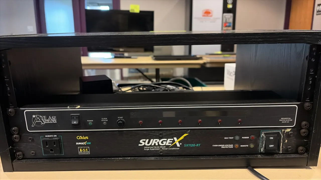 SurgeX SX1120-RT surge suppressor and Atlas Sound SACR-191 sequential switch system. Features an Atlas Sound SACR-191 sequential switch system and a S
