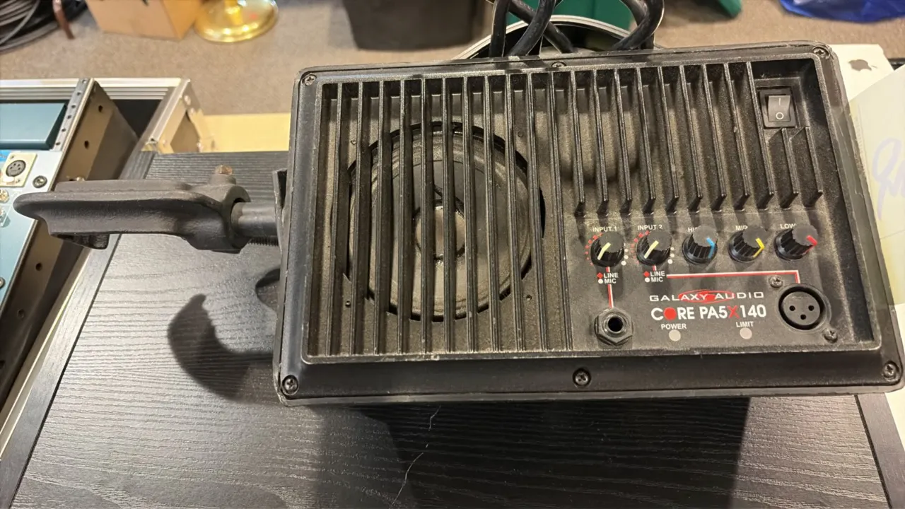 Galaxy Audio Core PA5X140 powered personal monitor speaker. Features 2-channel inputs with XLR and 1/4" jacks, 3-band EQ, front-panel controls, rear l