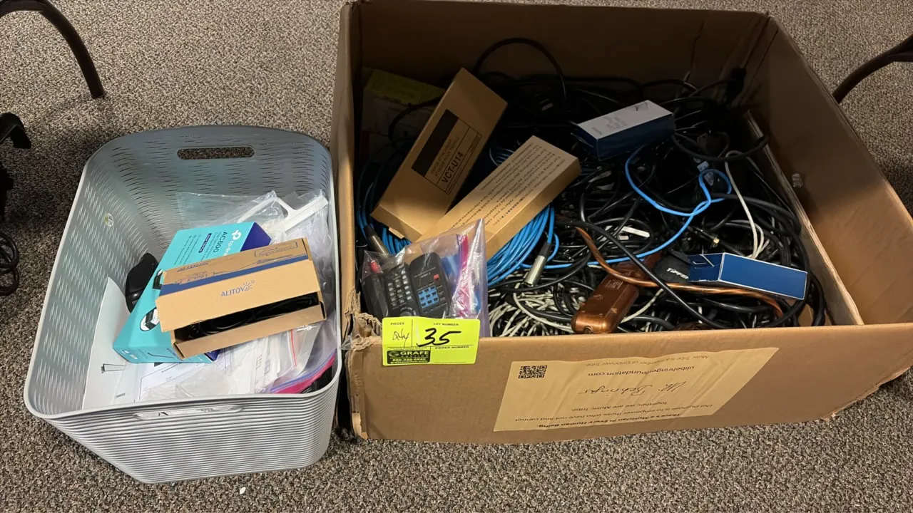 Assorted cords, cables, and miscellaneous electronic accessories. Includes audio and XLR cables, Ethernet patch cables, power cords, surge protector s