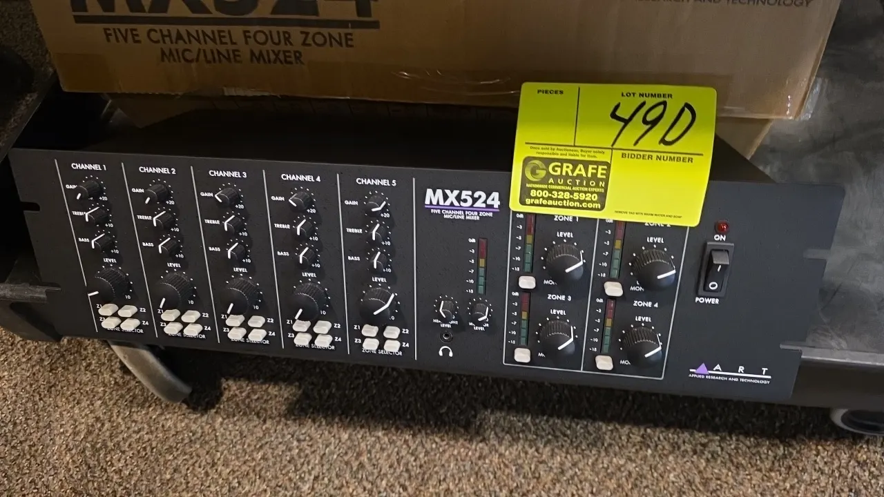 ART MX524 five-channel four-zone mic/line mixer. Features 5 input channels with gain, treble, bass, level controls, and zone assignment buttons, 4 zon