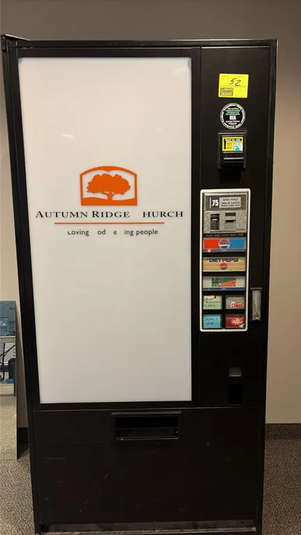 Vendo V266-476 refrigerated soda vending machine. Features an MEI bill validator accepting $1 bills, coin acceptor, 7 product selections, and an illum