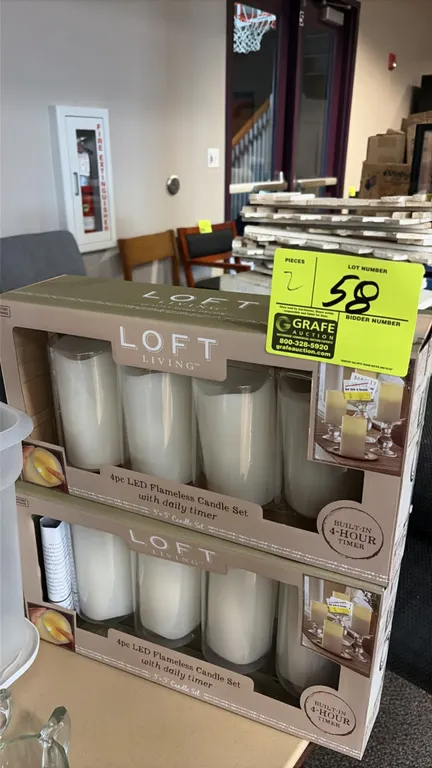 Loft Living 4-piece LED flameless candle sets. Each set features four 3" x 5" LED pillar candles with built-in 4-hour daily timers. In original packag