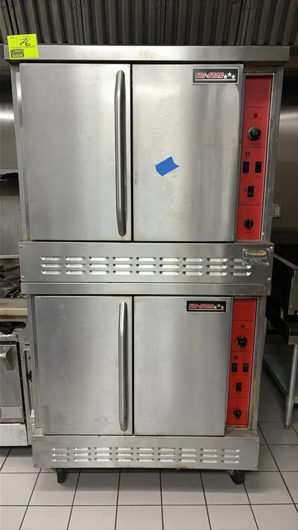 Tri-Star TSCV-2 double-stack convection oven. Features stainless steel construction, solid doors, interior wire racks, and independent manual controls
