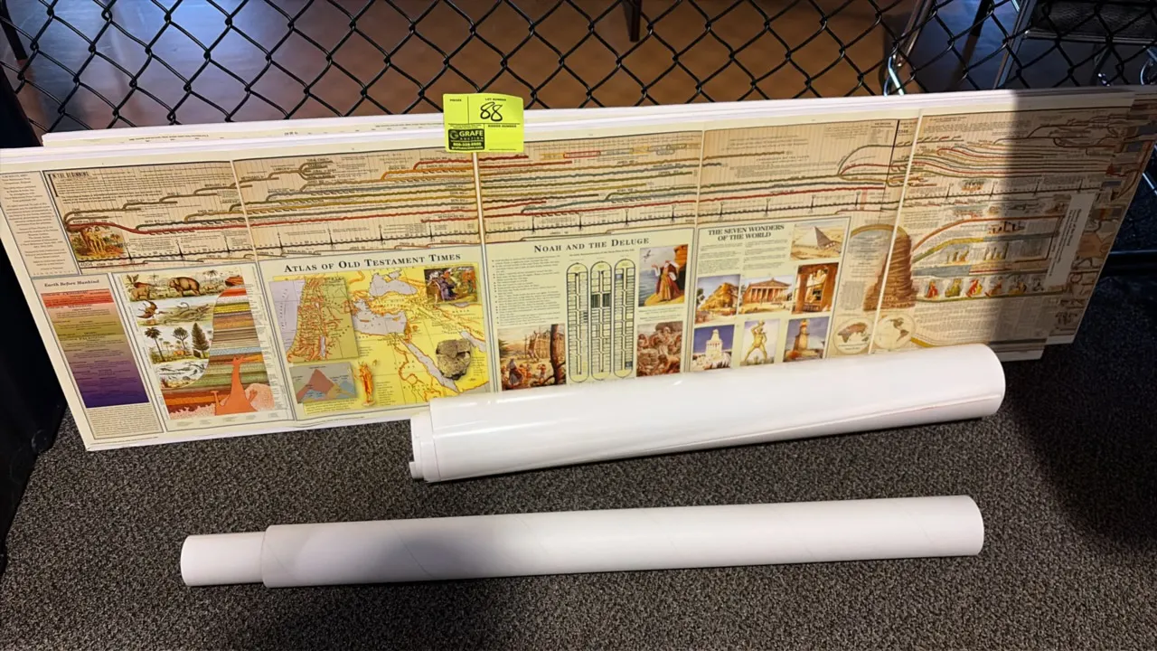 Biblical history timeline wall chart. Features chronological illustrations and sections including 'Atlas of Old Testament Times', 'Noah and the Deluge