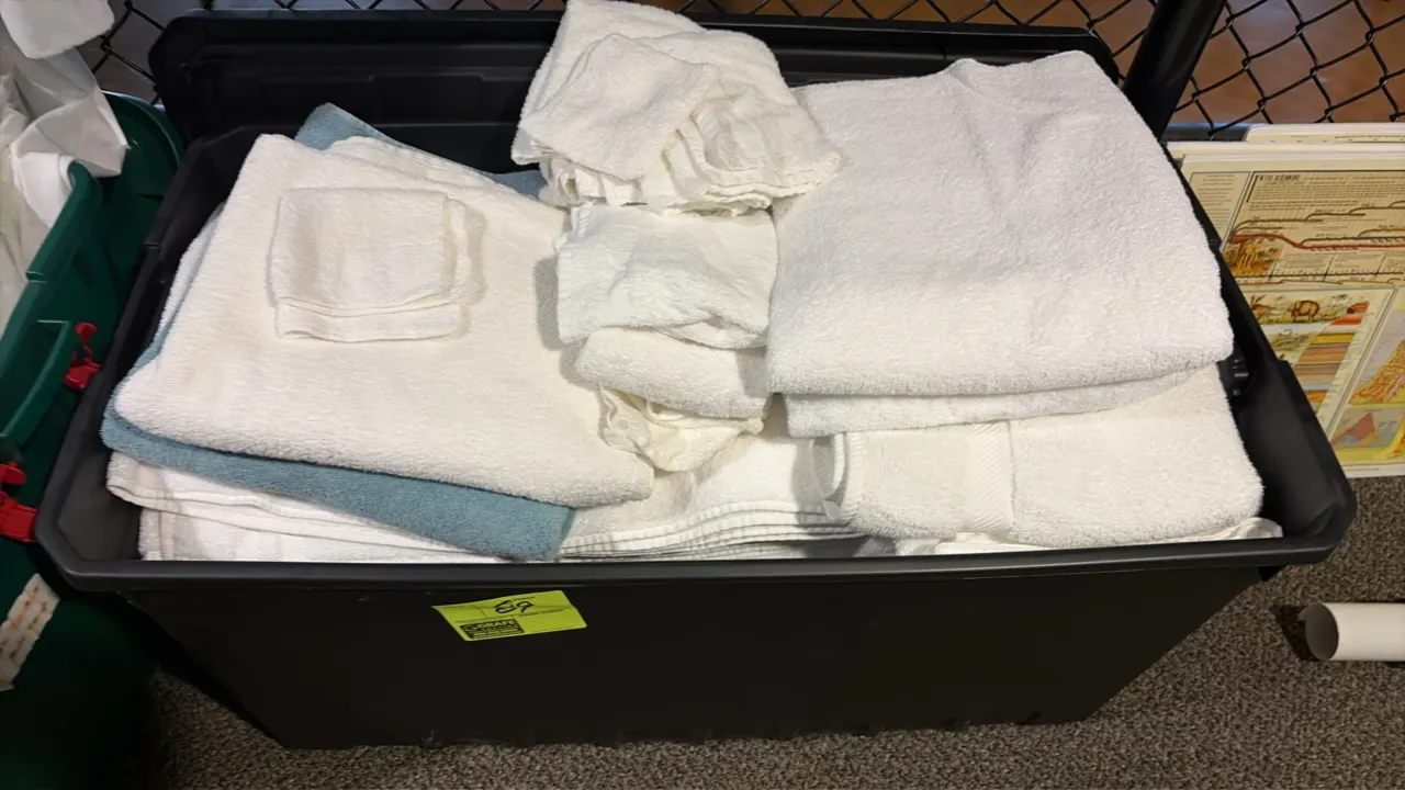 Assorted linens and towels lot. Includes various bath towels, hand towels, and washcloths in terry cloth. Housed in a black plastic storage tote.
