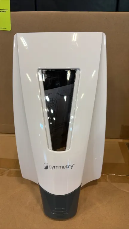 Buckeye Symmetry Stealth 1.25L soap dispensers. Features Alpine white finish, front sight window, and manual push operation. Part No.: 99610001. Packa