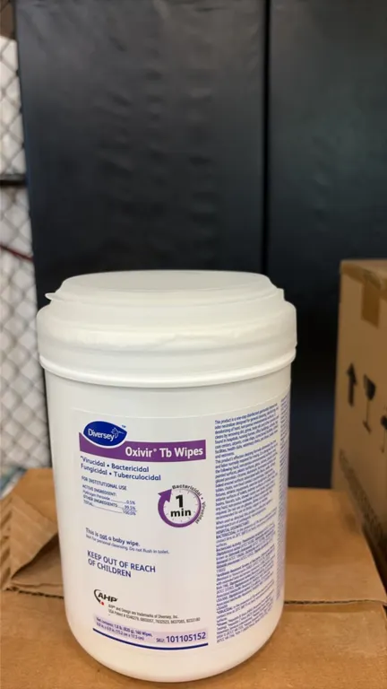 Diversey Oxivir Tb disinfectant wipes. SKU: 101105152. Cases include (4) 160-count canisters of 6" x 6.9" wipes. Formulated with 0.5% accelerated hydr