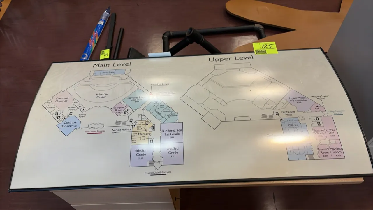 Autumn Ridge Church framed building directory sign. Features floor plan diagrams for the Main Level and Upper Level, complete with labeled and color-c