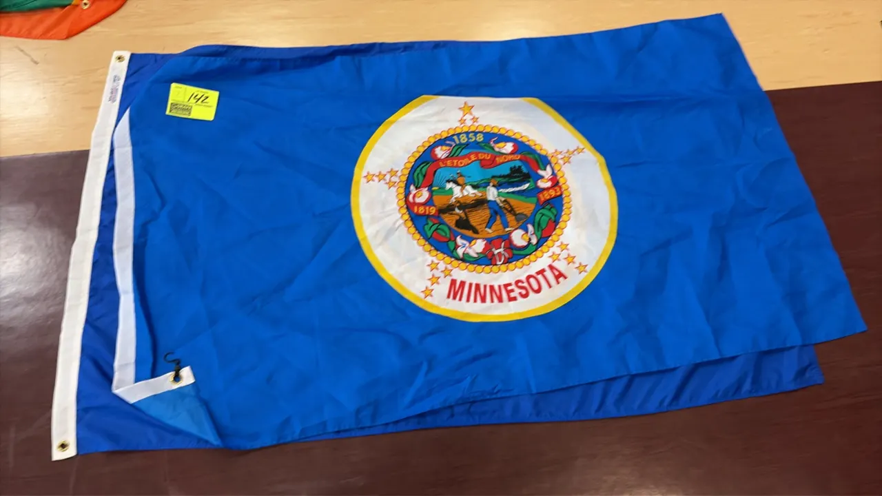 Minnesota state flags. Features classic state seal emblem on a blue field, finished with a canvas header and brass grommets.