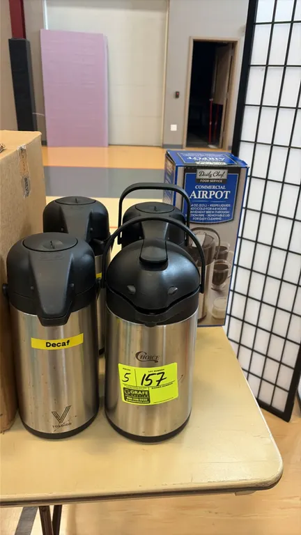 Assorted insulated thermal beverage airpots. Features stainless steel bodies, pump and lever dispensing lids, and integrated carry handles. Includes b