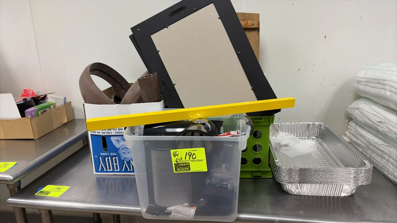 Package lot of assorted kitchen equipment, rubber molding, signs, and aluminum pans. Includes disposable aluminum pans, roll of rubber base molding, f