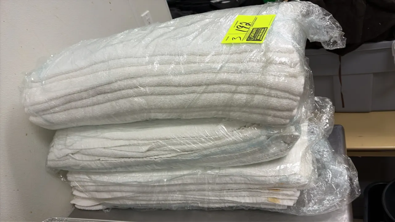 White towel bundles. Plastic film wrapped terry cloth towels.