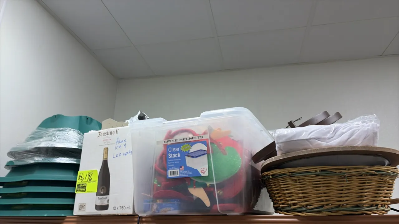 Assorted holiday decor and basket. Includes a clear plastic storage container with festive novelty headwear, a woven wicker basket, and green plastic