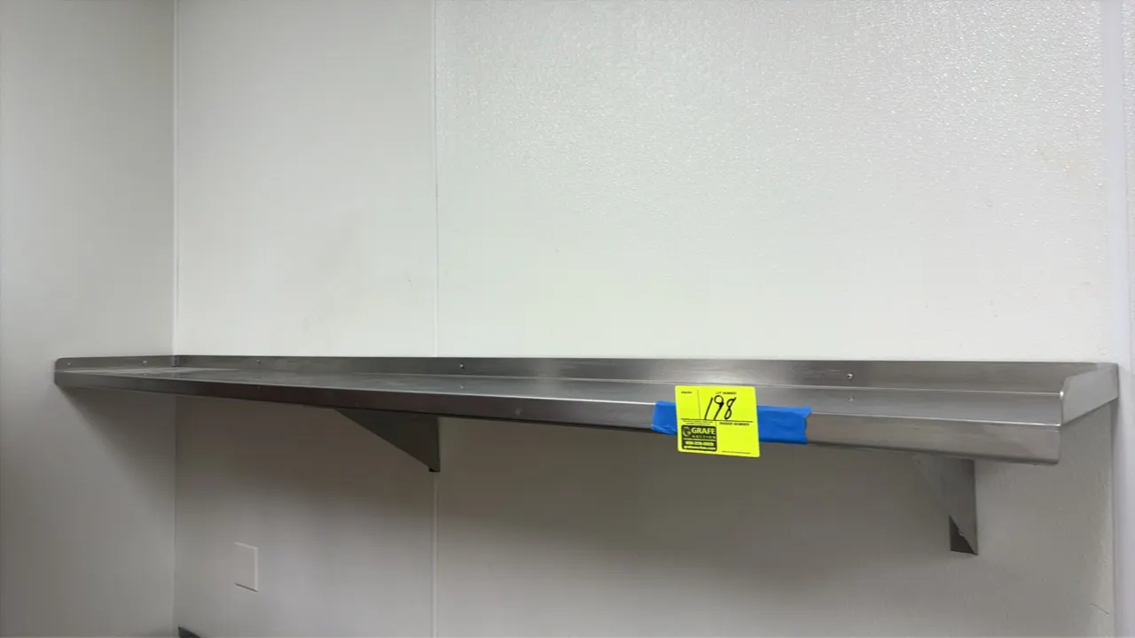8'L stainless steel wall shelf. Features an integrated rear backsplash and wall-mounting support brackets.