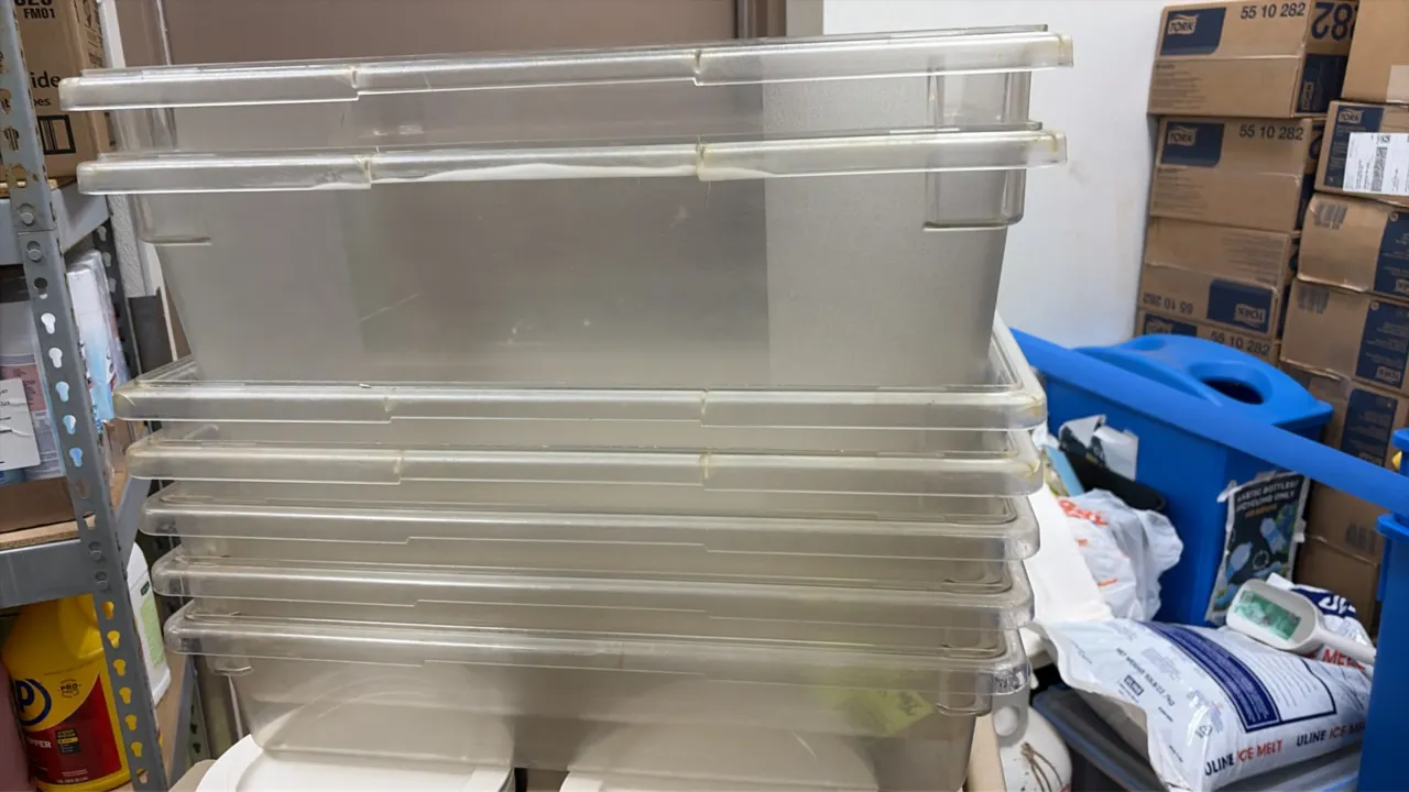 Cambro clear polycarbonate food storage pans. Features clear polycarbonate construction and stackable design with assorted depths.