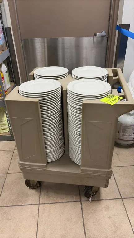 Raburn 4-compartment mobile dish caddy. Brown polyethylene construction with integrated push handles. Designed for 10" plates. Includes Syracuse China