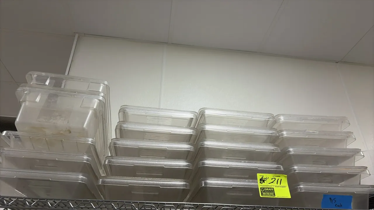 Cambro clear polycarbonate food pans. Features transparent plastic construction and stackable design.