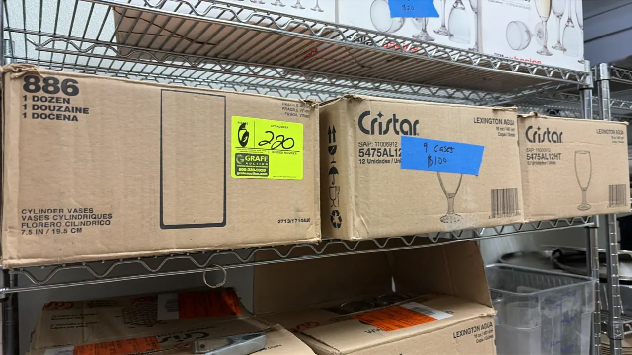 Cases of assorted glassware. Includes 7.5"H cylinder vases (12 per case) and Cristar Lexington Agua 16 oz stemmed water/iced tea glasses (12 per case)