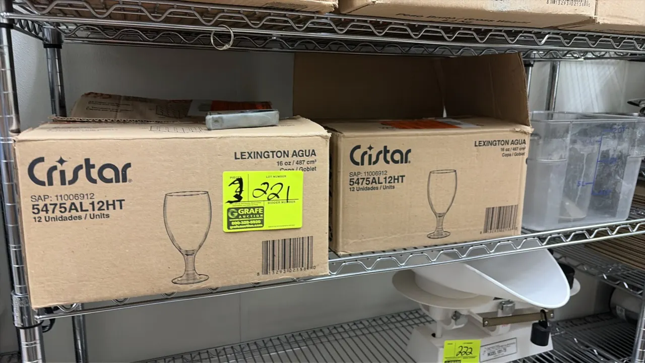 Cristar Lexington Agua 16 oz water goblets and Cambro clear food pan. Includes (2) boxes of Cristar 16 oz goblets (12 per box, model 5475AL12HT) and (